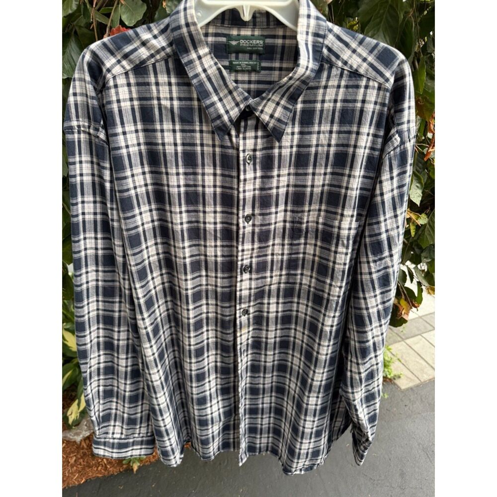 Dockers Premium Men’s Plaid Button Down Shirt Navy Cream 100% Cotton XXL